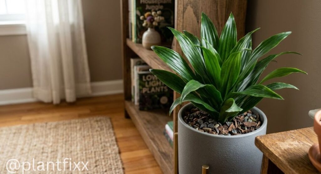 “Dracaena plant growing in low light indoors”