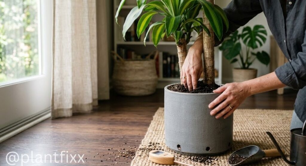 “Checking Dracaena soil moisture to prevent overwatering”