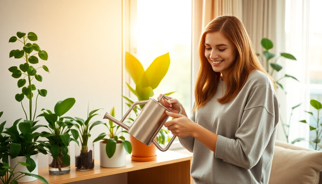 Woman using best watering methods for houseplants in bright US apartment with multiple indoor plants on wooden shelf