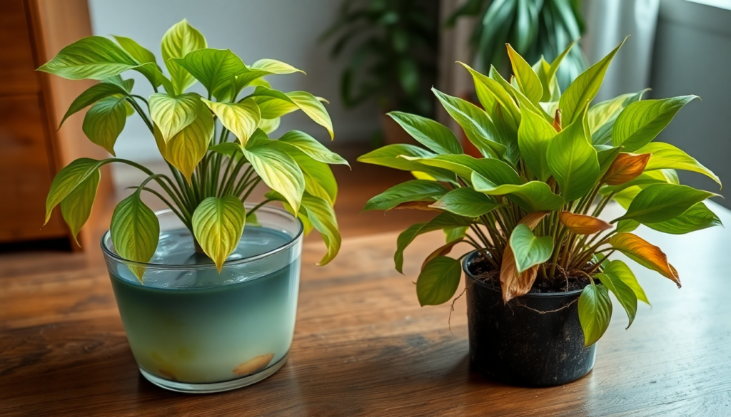 Overwatered houseplant with yellow drooping leaves sitting in standing water next to underwatered plant with brown crispy tips showing common watering mistakes