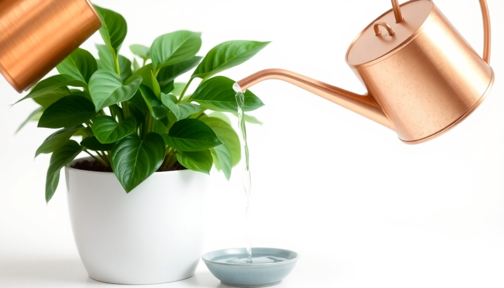 Long spout watering can slowly pouring water onto pothos houseplant soil showing correct top watering method for indoor plants