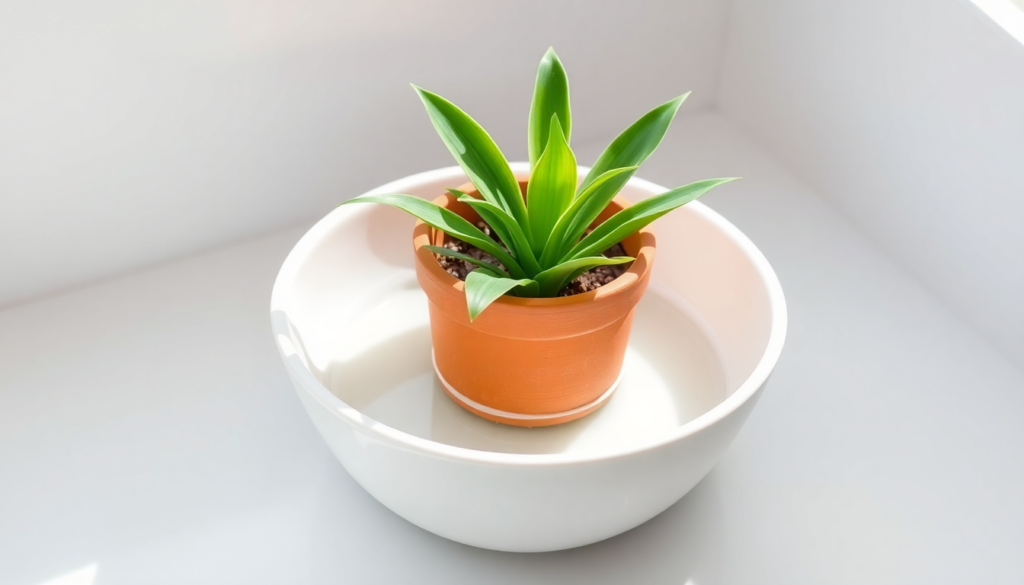 Snake plant in terracotta pot sitting in shallow basin of water showing bottom watering method for stronger houseplant roots
