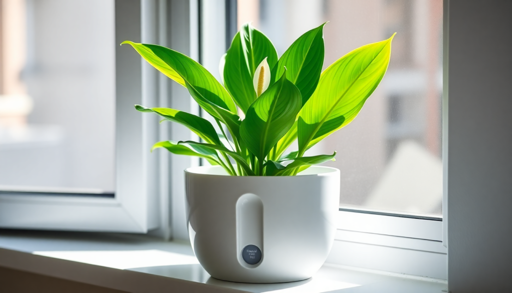 Modern self watering pot with visible reservoir holding healthy peace lily on bright apartment windowsill, best watering method for busy plant owners