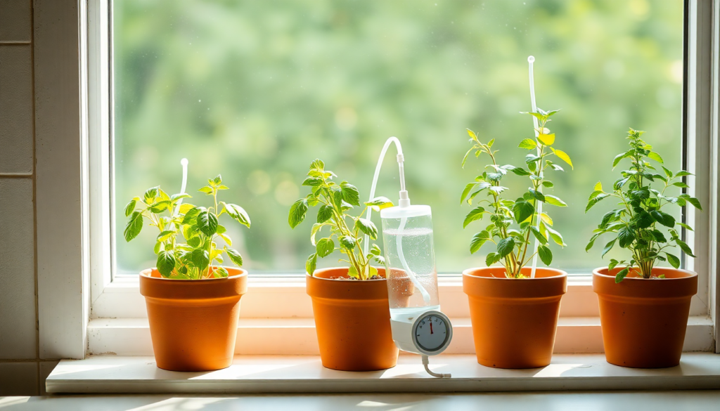 Indoor herb garden on kitchen windowsill with drip irrigation system tubes and timer showing best automated watering method for houseplants
