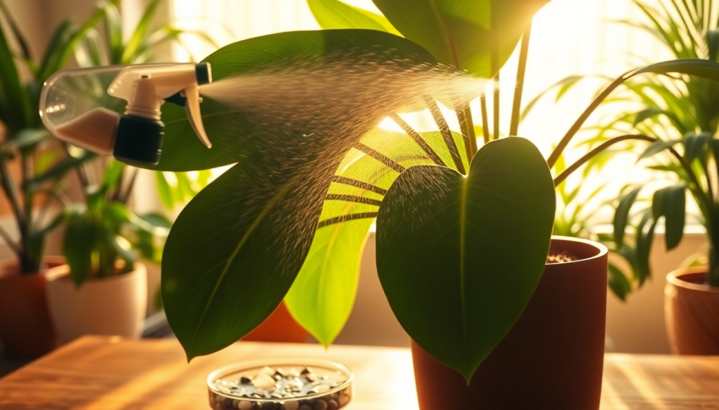 Fine mist spray bottle misting calathea tropical houseplant leaves in morning light with pebble humidity tray underneath for increased moisture