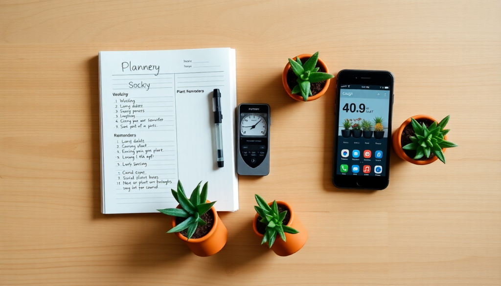 Weekly plant watering schedule planner with moisture meter and plant care app showing best watering schedule for houseplants