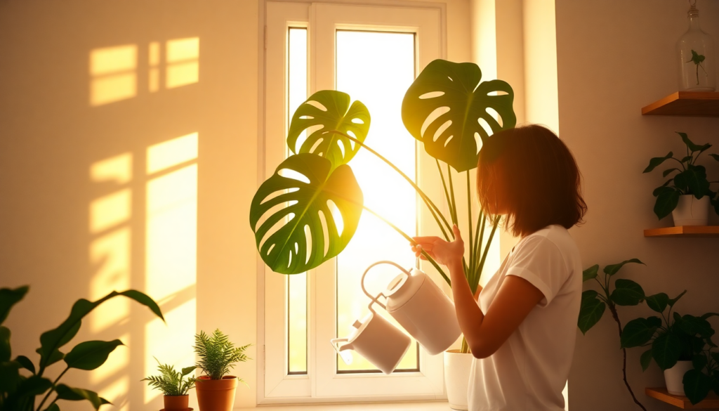 Young woman watering large monstera houseplant on bright windowsill during morning golden hour showing best time to water indoor plants