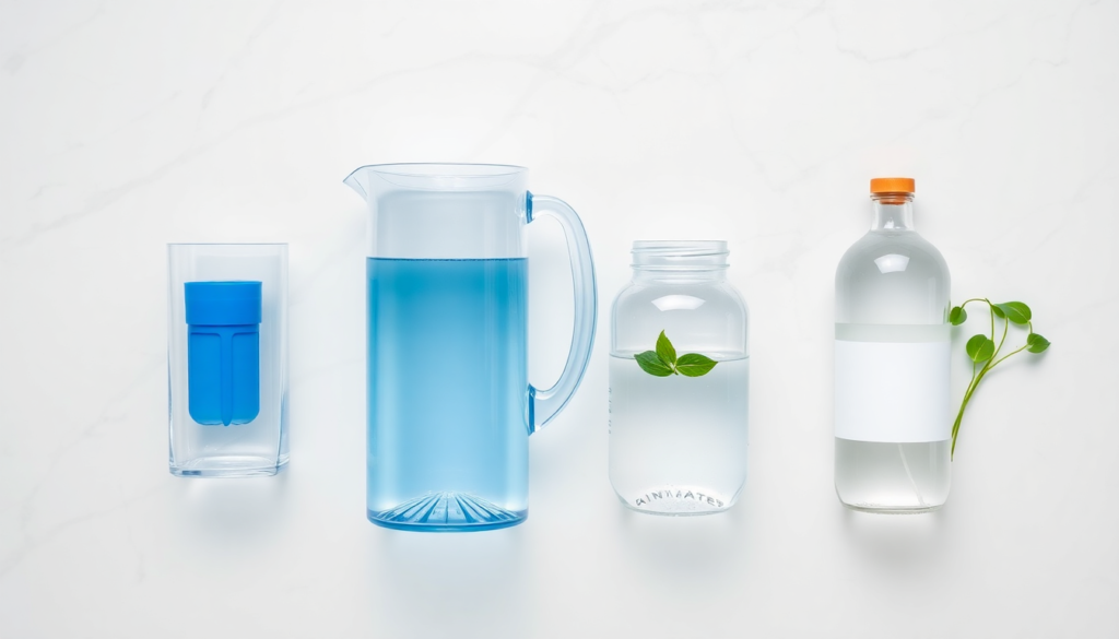 Four types of water for houseplants flat lay showing tap water filtered water rainwater and distilled water options for indoor plant care
