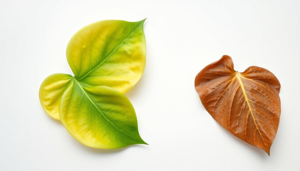 Overwatered plant leaf showing yellow soft texture versus underwatered plant leaf with brown crispy tips and curled edges