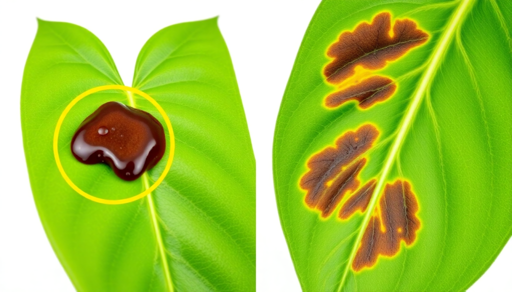 Overwatered plant brown spots in leaf center with yellow halo versus underwatered brown crispy tips at leaf edges comparison