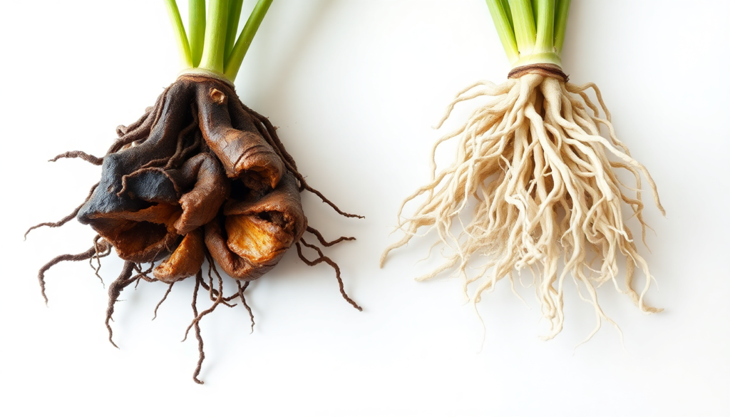 Overwatered plant root rot showing black mushy roots versus underwatered dry white shriveled roots side by side comparison