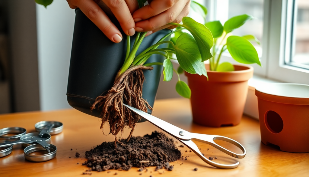 Hands removing overwatered houseplant from pot showing root rot with scissors and fresh soil ready for repotting recovery
