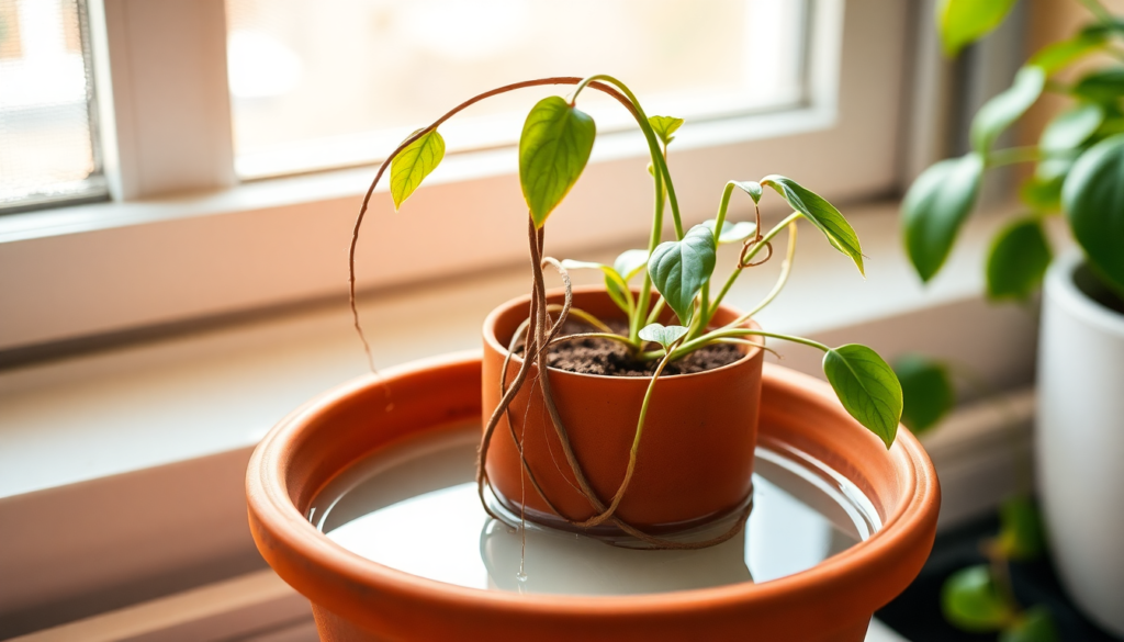 Severely underwatered houseplant sitting in tray of water for bottom watering method to deeply rehydrate dry soil