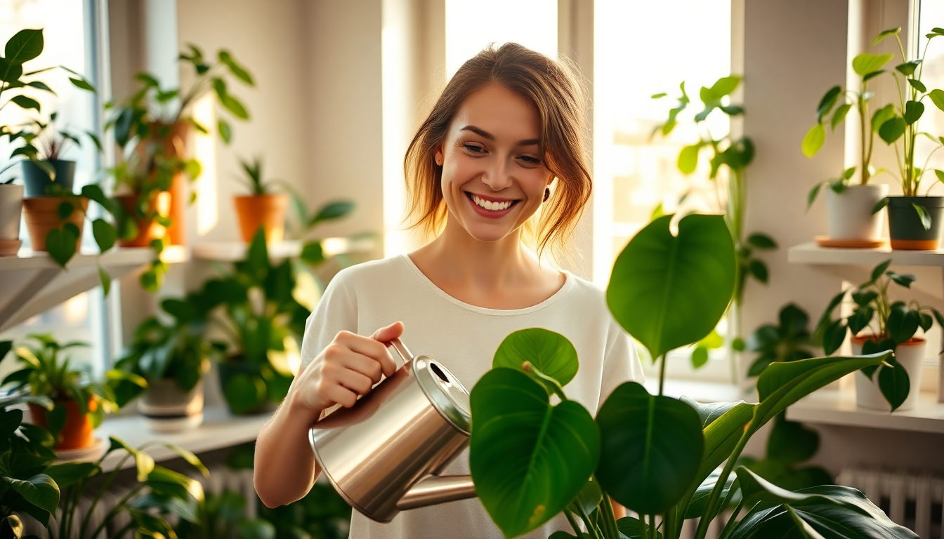 Happy plant owner watering healthy thriving indoor houseplants with silver watering can in bright US apartment — overwatering vs underwatering plant guide
