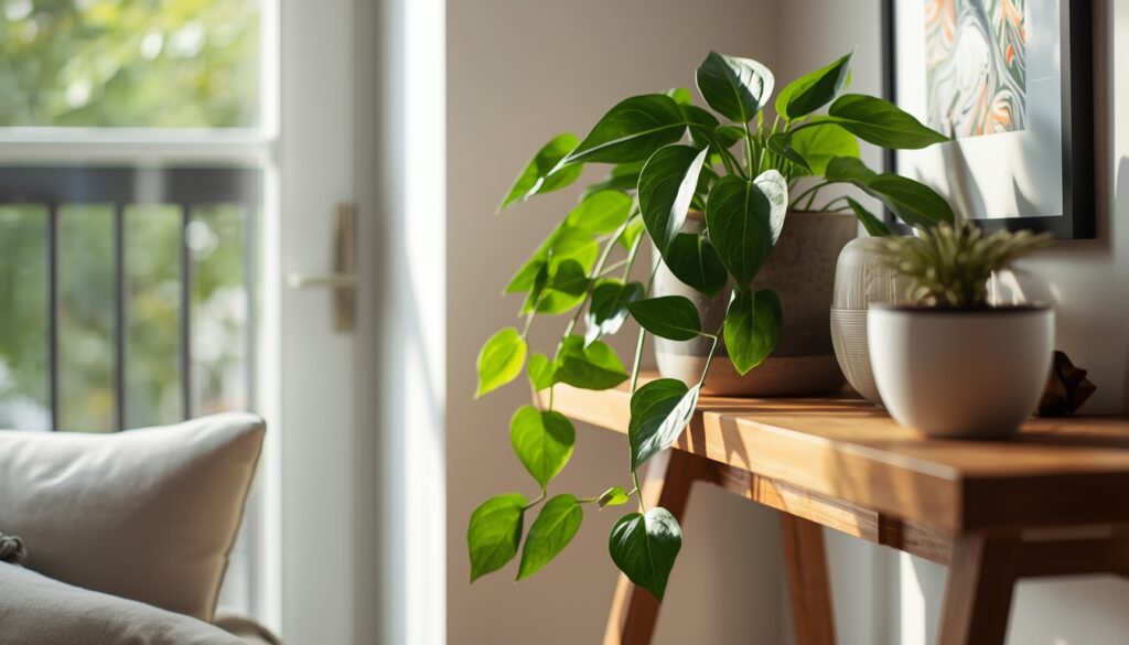 Indoor pothos plant dropping leaves near apartment window — plant shedding causes