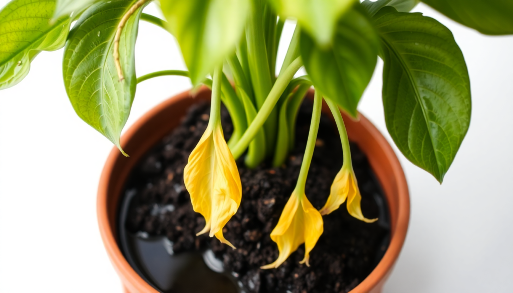 Overwatered houseplant with yellow drooping leaves and soggy soil — most common cause of plant shedding