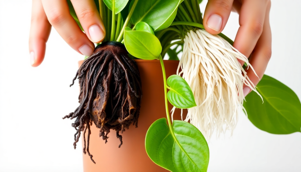 Houseplant root rot showing black mushy roots compared to healthy white roots — cause of indoor plant leaf drop