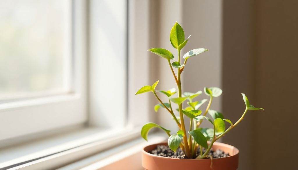 Indoor houseplant recovering with new green leaf growth after plant shedding treatment