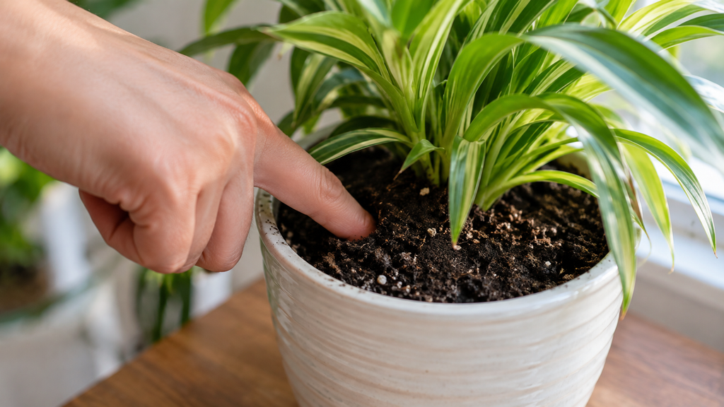 Checking spider plant soil moisture with a finger before watering