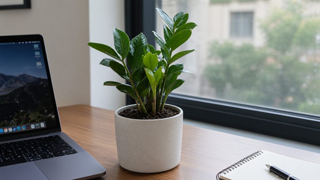 Compact ZZ Zenzi plant on a desk near a north-facing window