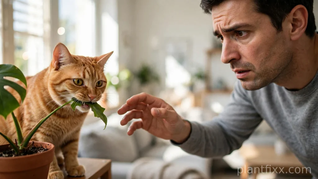 Cat caught chewing a houseplant leaf in a living room, emergency moment for plant toxicity