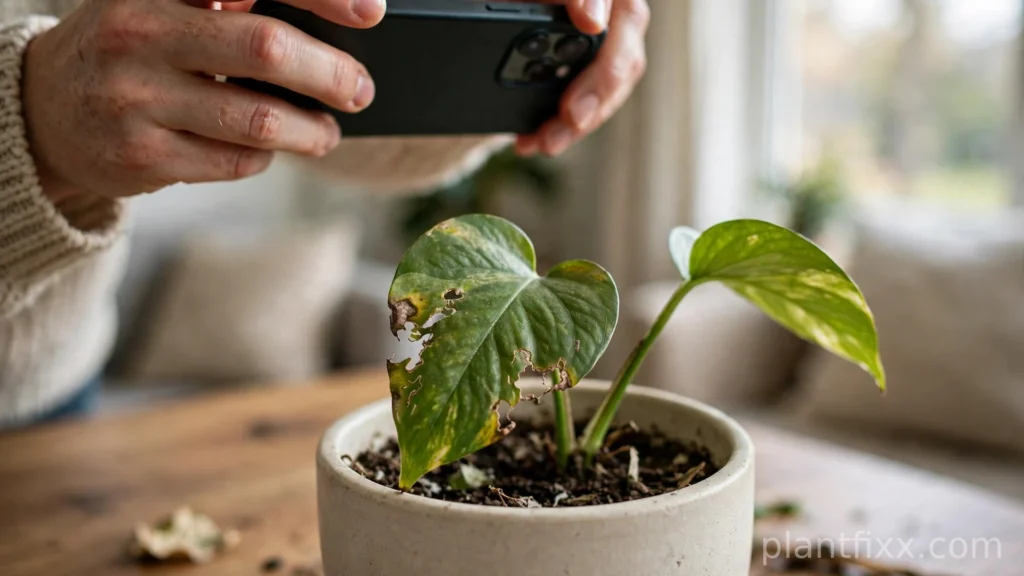 Person photographing a chewed houseplant leaf with a phone for veterinary plant identification after a cat eats a toxic plant