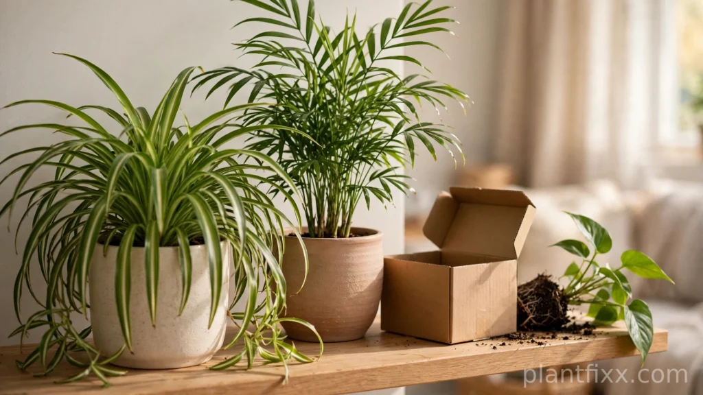 Pet safe spider plant and parlor palm on a living room shelf replacing toxic houseplants, cat-safe plant swap