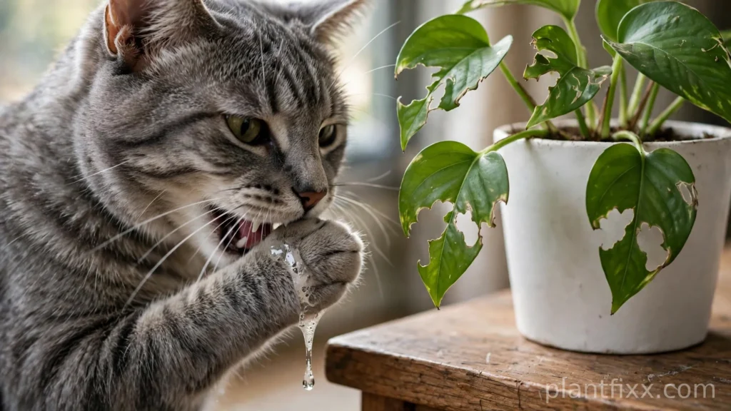 Grey tabby cat pawing at its mouth and drooling beside chewed pothos plant leaves, signs of plant poisoning in cats