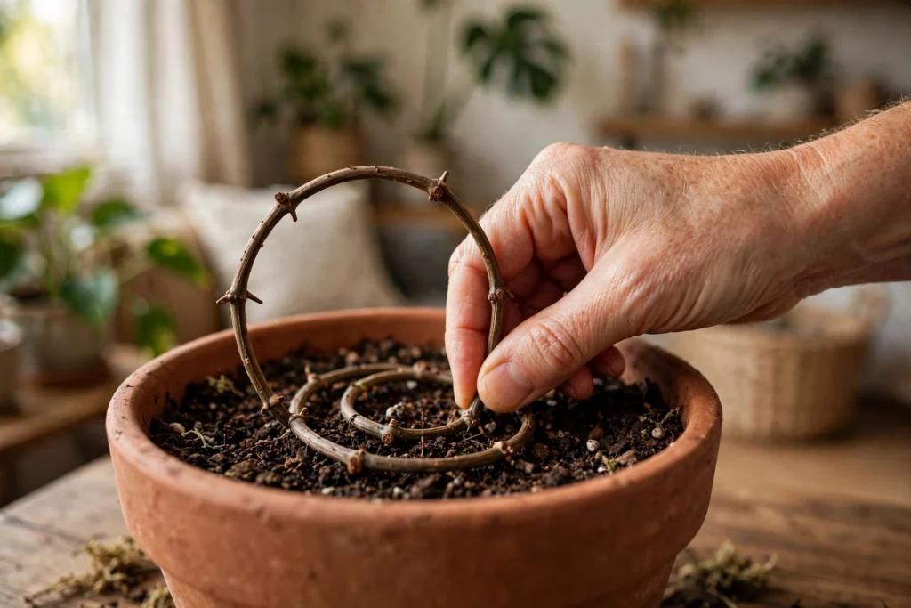 Coiling a bare leggy pothos vine back onto the soil to root at the nodes