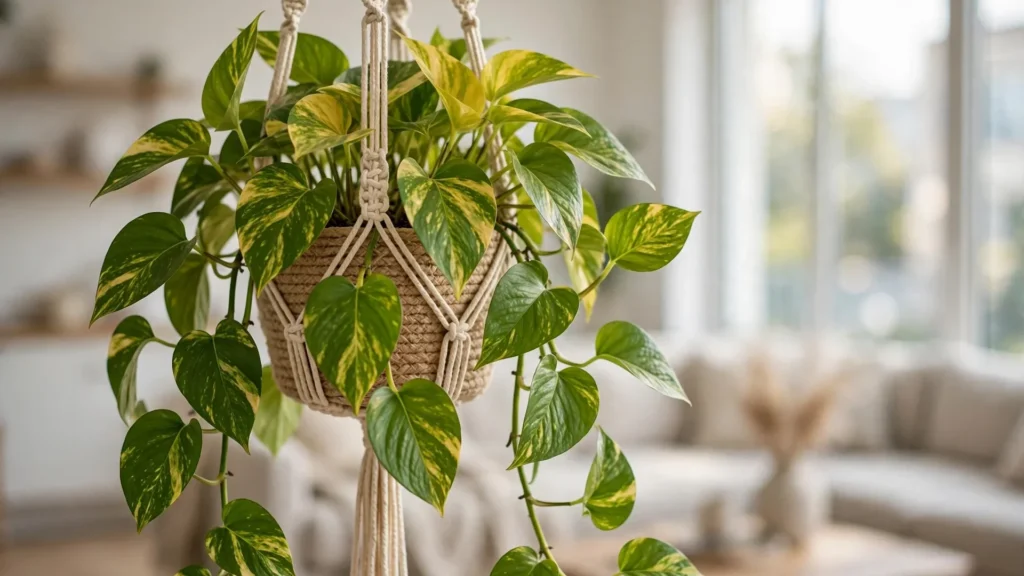 Golden pothos plant with heart-shaped variegated leaves trailing from a hanging basket