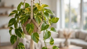 Golden pothos plant with heart-shaped variegated leaves trailing from a hanging basket