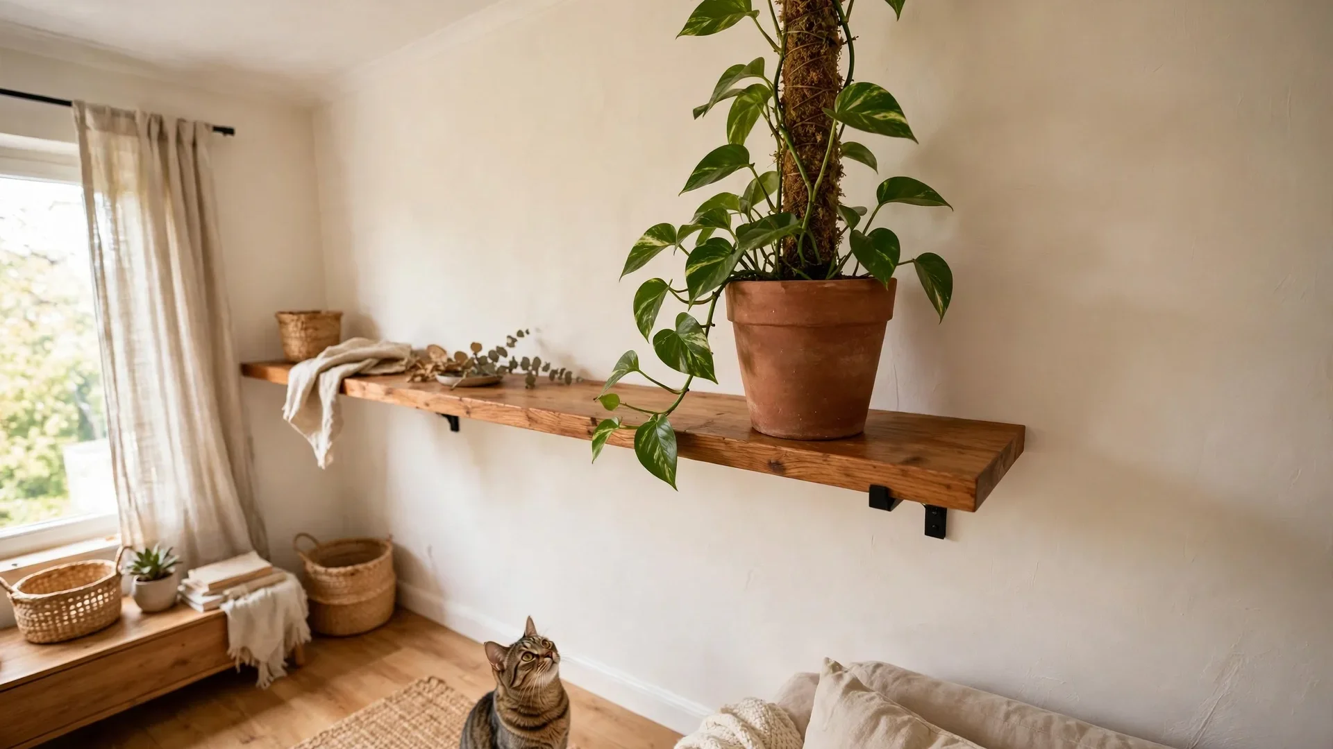 Pothos plant trained up a moss pole on a high shelf, out of reach of a cat sitting on the floor below
