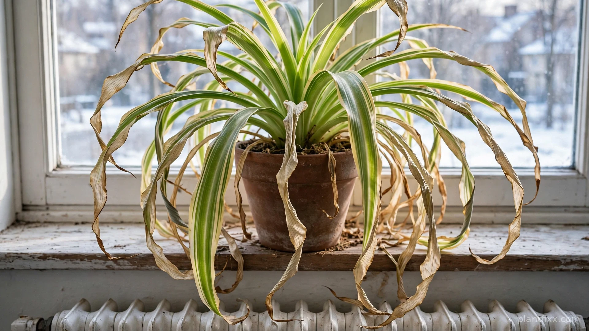 Spider plant leaves folding along the midrib in dry indoor air on a windowsill above a radiator