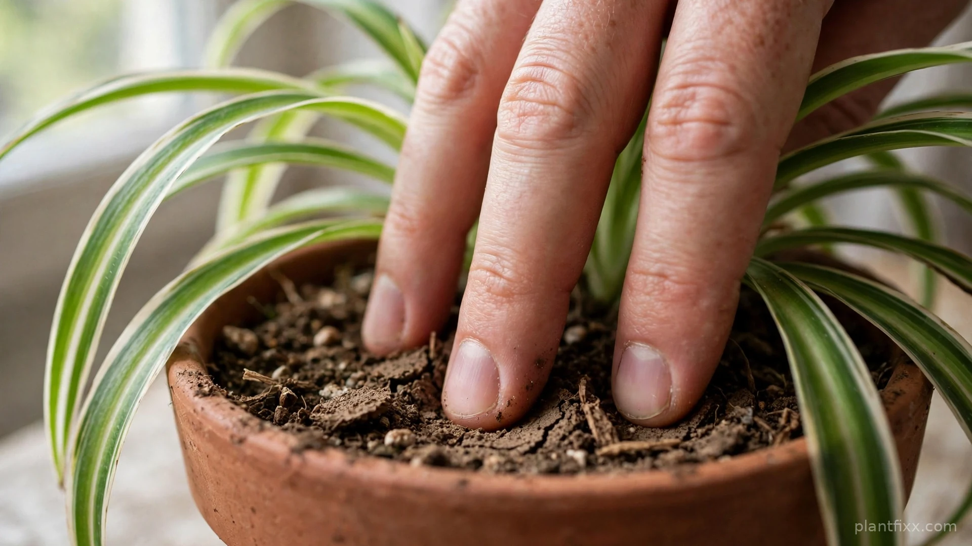 Hand checking soil moisture with fingers in a spider plant pot during a leaf diagnosis