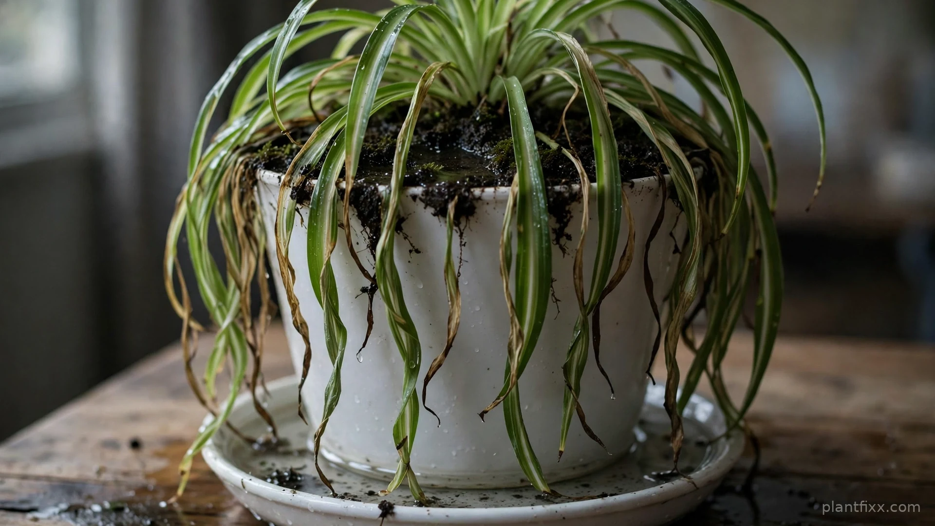 Spider plant leaves drooping limp and soft over the edge of an overwatered pot with wet soil