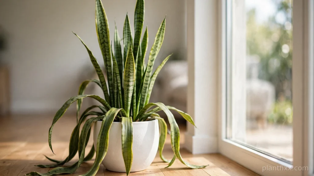 Snake plant leaves falling over in a white pot beside a bright window