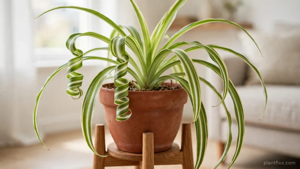 Spider plant with green and white striped leaves curling and spiraling in a terracotta pot on a wooden stand (featured image only)