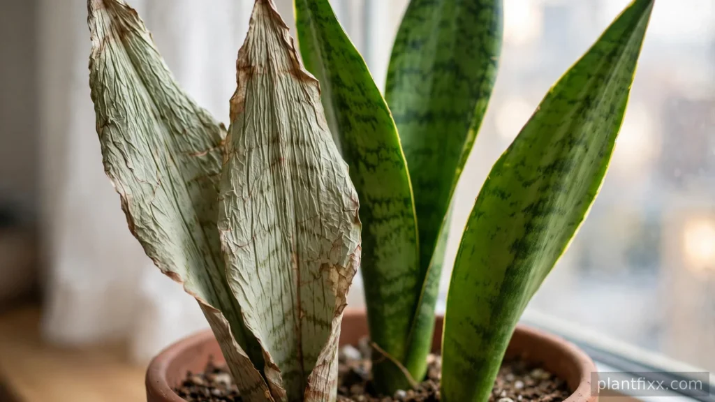Snake plant leaves with wrinkles and creases in a terracotta pot by a bright window