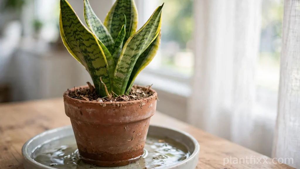 Bottom watering a snake plant in a tray to keep the soil surface dry