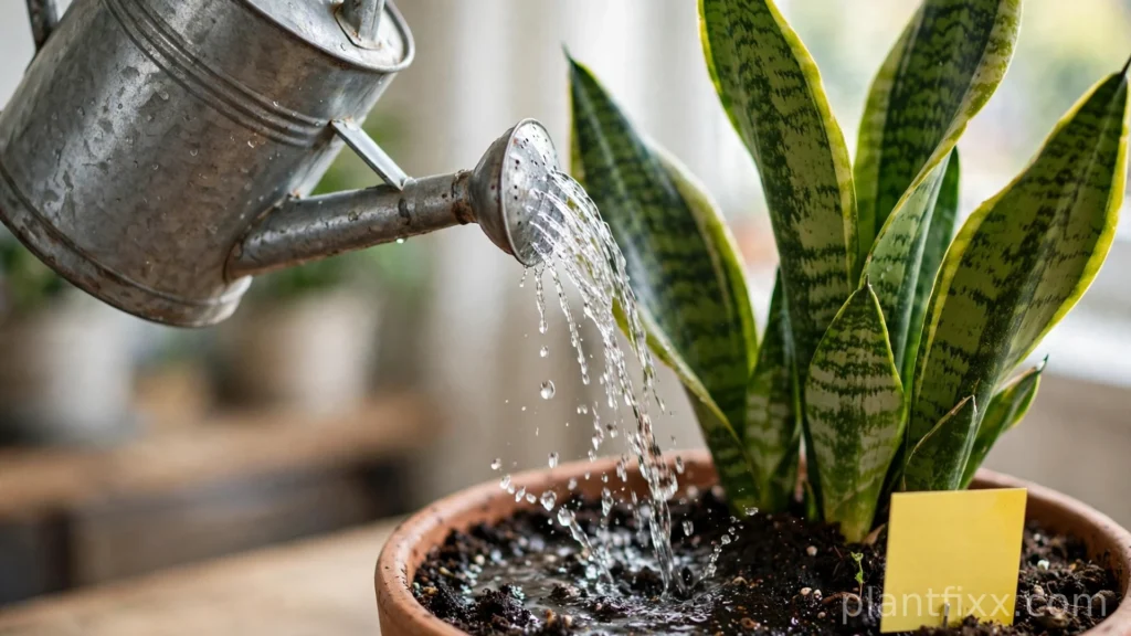 Applying Bti mosquito bits tea to snake plant soil to kill fungus gnat larvae