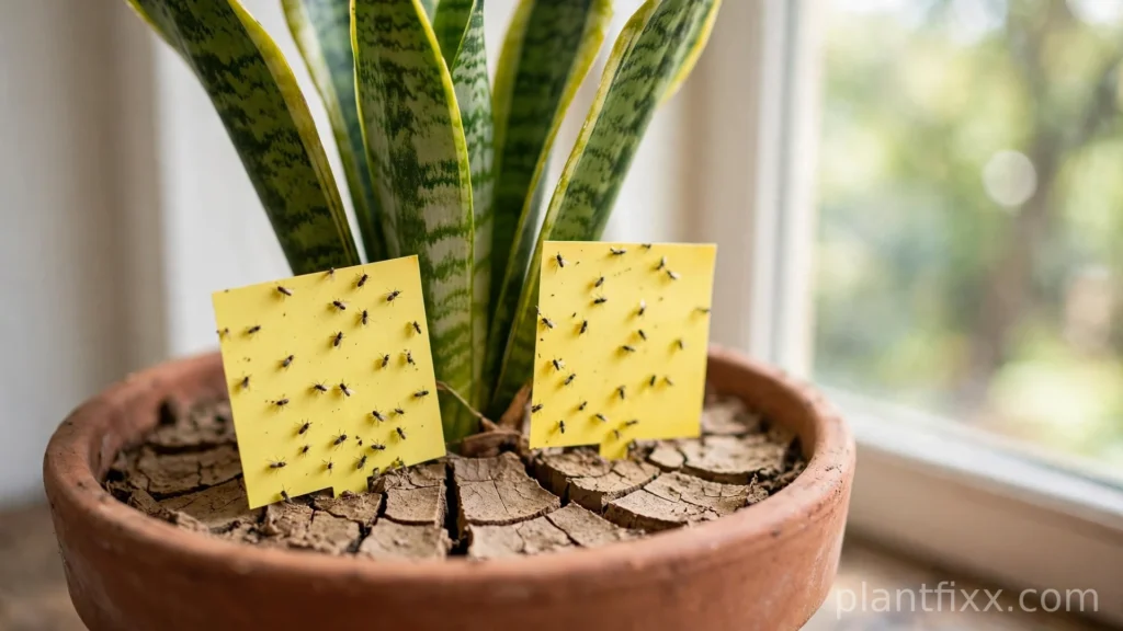 Snake plant in terracotta pot with dry topsoil and yellow sticky trap catching fungus gnats