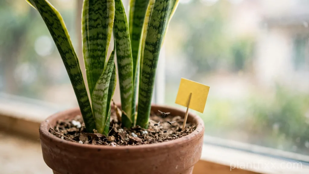 Snake plant with fungus gnats hovering over dry soil and a yellow sticky trap