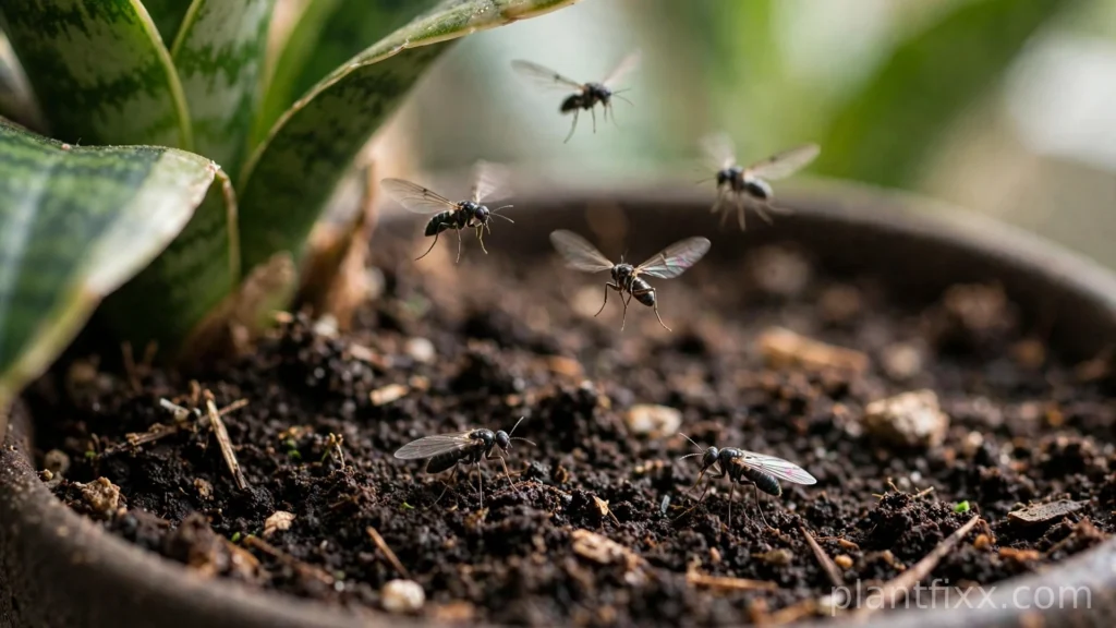 Tiny fungus gnats hovering over snake plant soil surface