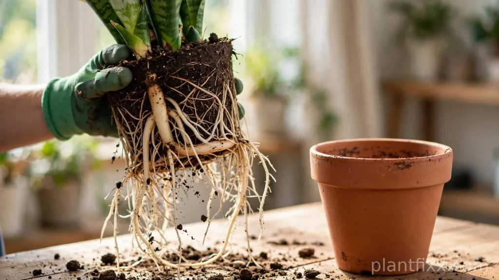 Checking snake plant roots and rhizome for rot during fungus gnat treatment