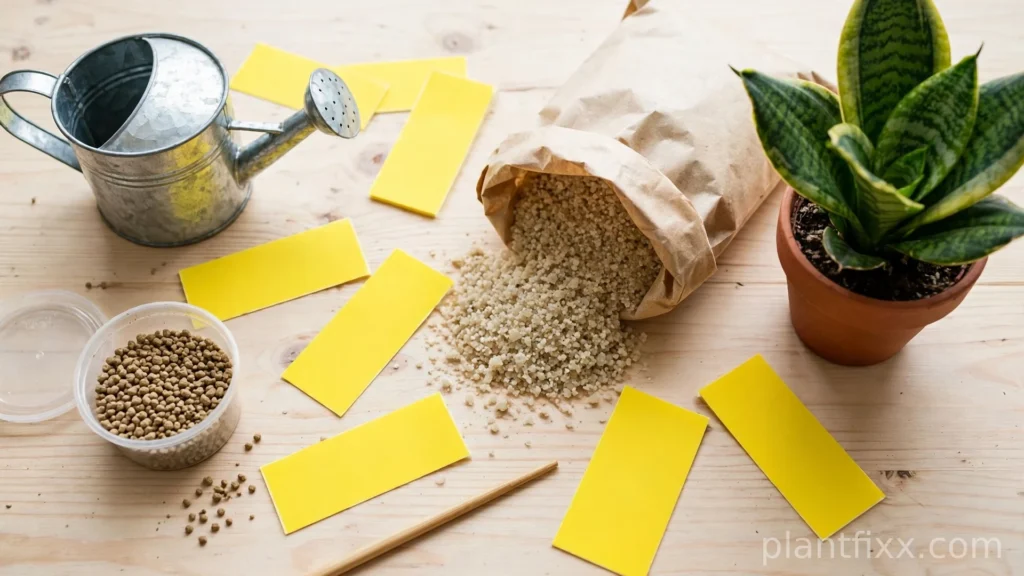 Supplies to get rid of fungus gnats in snake plant soil, sticky traps, Bti and sand