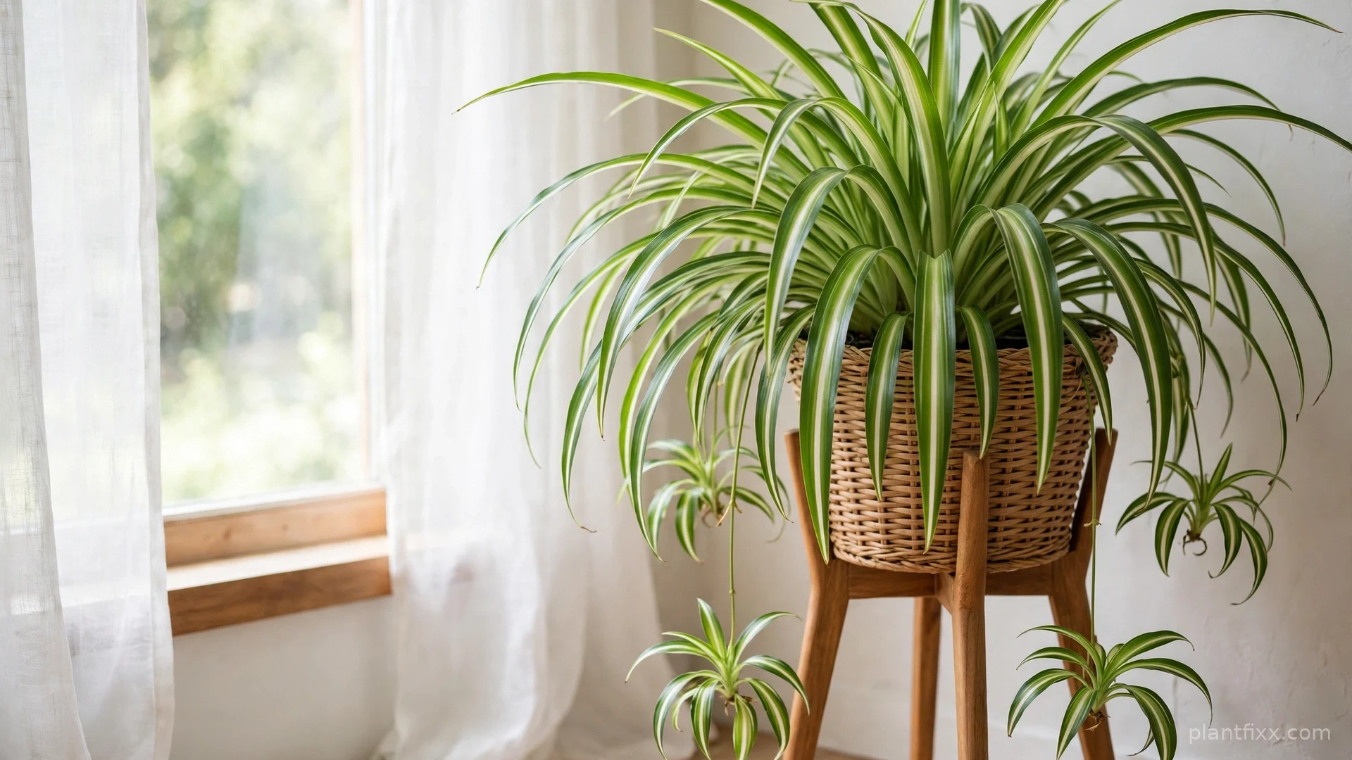 Healthy spider plant with arching striped leaves and hanging plantlets beside a bright window