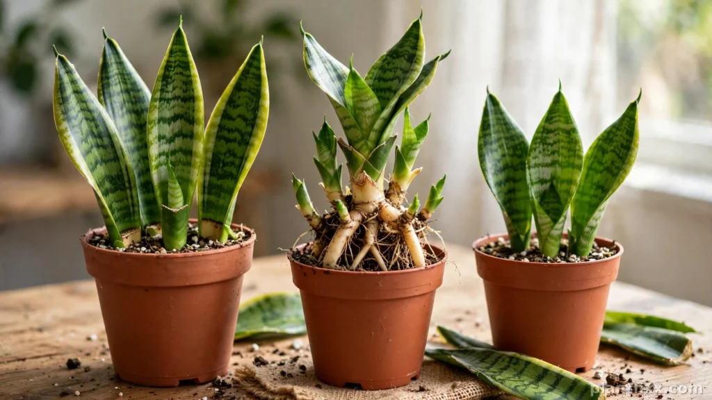 Snake plant leaf cuttings and divisions ready to grow into new plants
