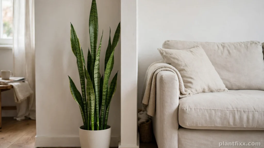 Tall snake plant fitting a narrow gap beside a sofa in a small living room