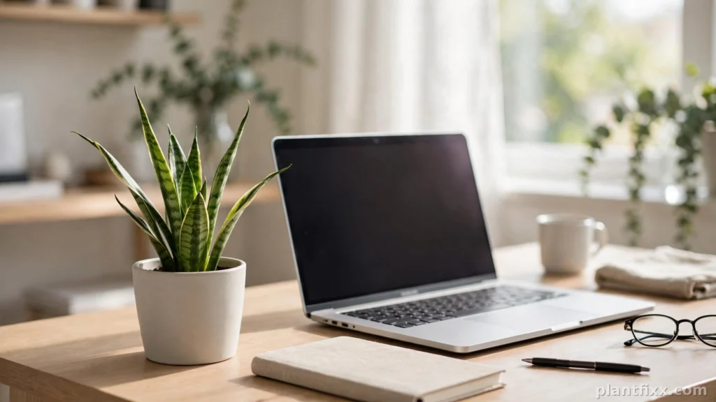 Snake plant on a home office desk beside a laptop