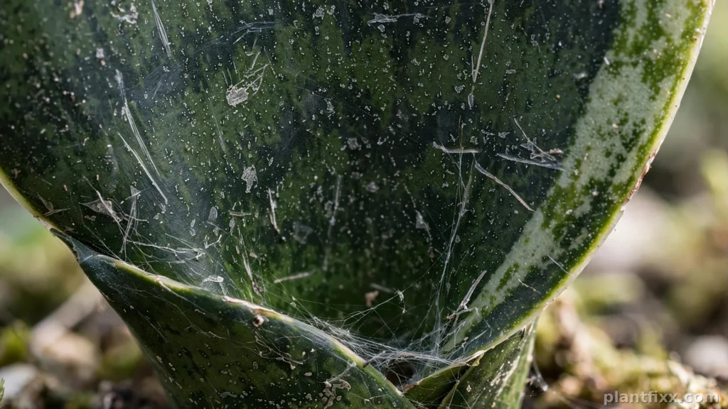 Snake plant leaf with silvery pest scars and fine spider mite webbing
